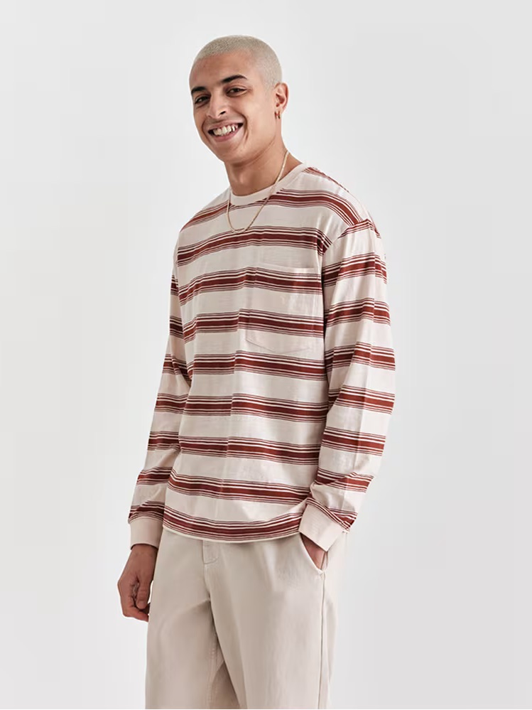 Wax London Organic Cotton Long Sleeve Maroon Striped Crewneck Shirt Men’s Large